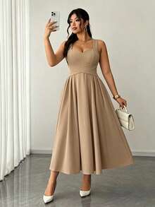 Elenzga Đầm nữ cỡ lớn thanh lịch, màu trơn, chất liệu co giãn cao cấp, dây mảnh, thiết kế buộc eo, nơ thắt lưng, xếp ly, chân váy cỡ lớn, thiết kế đa năng, phù hợp cho tiệc tùng, lễ hội âm nhạc, thường ngày, kỳ nghỉ, hẹn hò buổi tối, ngày Valentine. - Màu Khaki - Xem 6