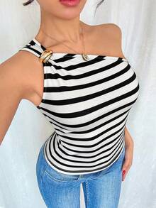 Blusa negra sexy de mujer con un hombro, sin mangas y con pliegues de metal - Blanco y Negro - Ver 3