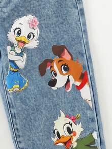 SHEIN Playful Pals Quần jean denim màu xanh nhạt cho bé gái, họa tiết động vật dễ thương, kiểu dáng ống suông rộng rãi, phù hợp cho kỳ nghỉ hè, đi dạo phố, đi học và mặc hàng ngày. - Rửa nhẹ - Xem 4