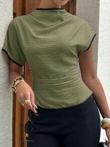 Siren Gaze Wrinkled Collar Asymmetrical Sleeve Side Ruched Cinched Waist Office Wear Bamboo Fiber Fabric Women Shirt, Contrast Color Trim Shirt, All Season,Summer Top - Army Green - View 3