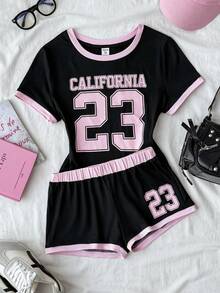 SHEIN 少女T恤套装，夏季新款针织黑色拼接粉色数字字母图案休闲运动T恤套装 - 黑色 - 查看 3