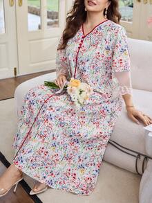 Al Najma Plus Size Women's Loose Arabic Style Midi Dress, 3/4 Sleeve With Chiffon Cuff Splice, Suitable For Summer Everyday Wear - Multicolor - View 6
