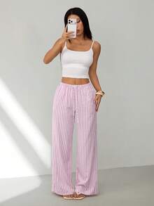 SHEIN PETITE Women's Pink Striped Casual Pants, Suitable For Summer Vacation - Pink - View 4
