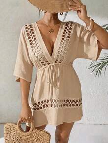 Swim Lushoire Women's Black Deep V-Neck Casual Cover Up, Spring/Summer - Khaki - View 4
