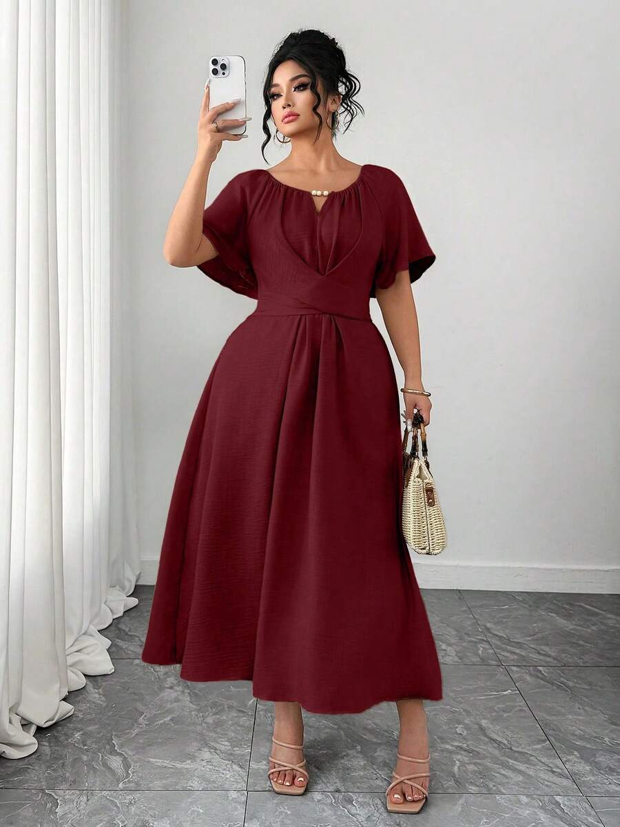 Elenzga Vestido de línea A con cintura ceñida, diseño de cuello hueco con cuentas de madera elegante para mujer de talla grande - Burdeos - Ver 1