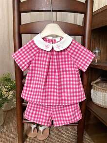 Souflis Souflis 2pcs Baby Girl Infant Toddler Newborn Spring/Summer Elegant Princess Pink Plaid Peter Pan Collar Ruffle Blouse + Shorts Set - Pink - View 4