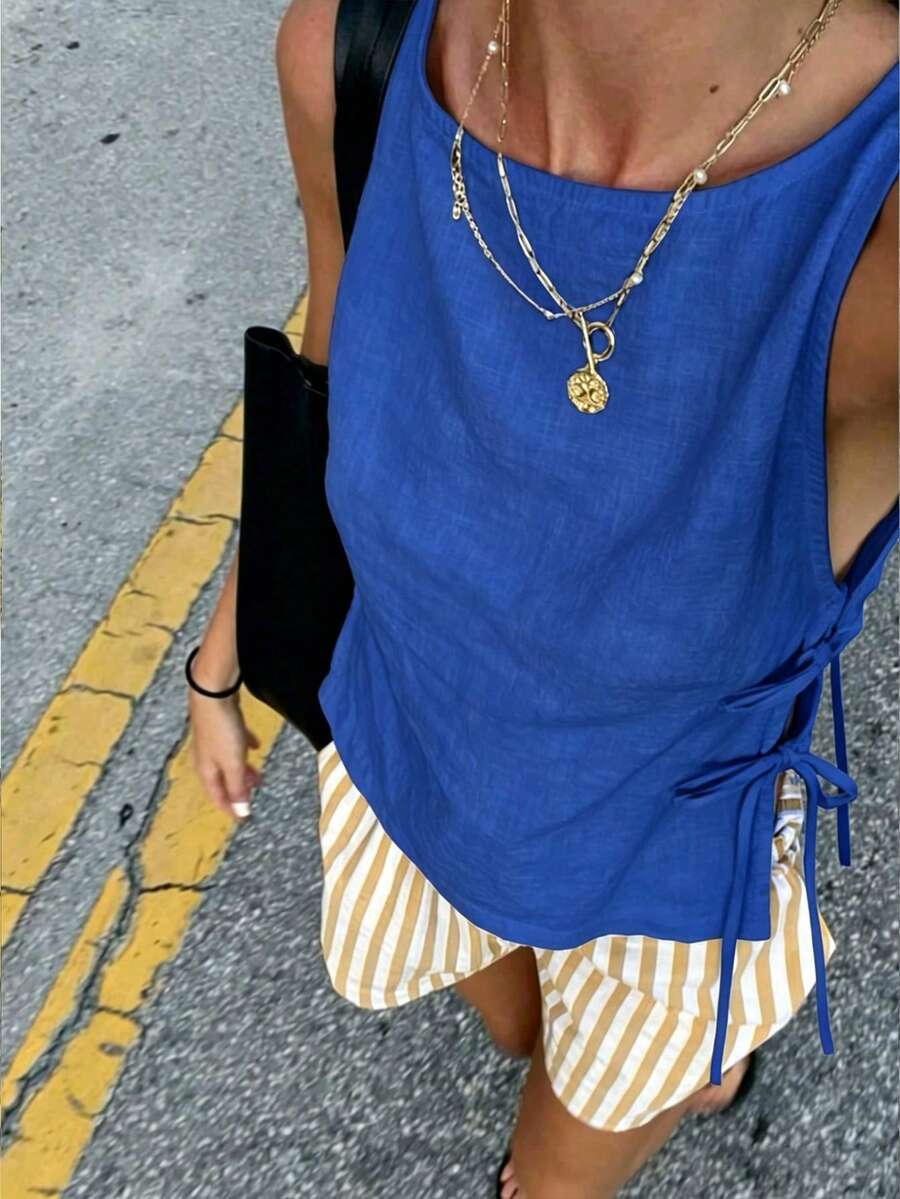 INAWLY Áo croptop thời trang buộc dây bên hông, chất liệu giả lanh, thích hợp cho kỳ nghỉ, đi biển, phong cách thường ngày. - Xanh đậm - Xem 1