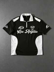 PAVTROS Men's Casual Colorblock Letter Print Polo Shirt, Summer Football - Black and White - View 3
