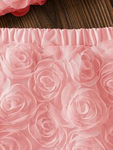 SHEIN 2pcs Baby Girl Elegant Dusty Pink Summer Clothing Set Chic 3D Rose Floral Mesh Tulle Flutter Sleeve Tops & Skirts Formal Concert Birthday Party Dress - Pink - View 8