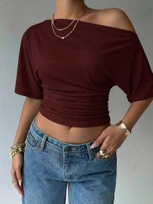 Aloruh Asymmetric Shoulder Loose Top With Cinched Waist, Minimalist Basic T-Shirt,Summer Top - Burgundy - View 4