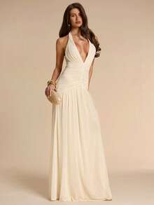 SHEIN BAE Đầm chữ A màu mơ, cổ yếm, cổ chữ V sâu, xếp ly, thanh lịch, thích hợp cho kỳ nghỉ, đi biển, làm phù dâu, dự tiệc trang trọng. - Màu be - Xem 4
