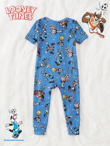 LOONEY TUNES X SHEIN GraphicGems 男婴卡通印花拉链休闲日常连体睡衣 - 藍色 - 查看 2