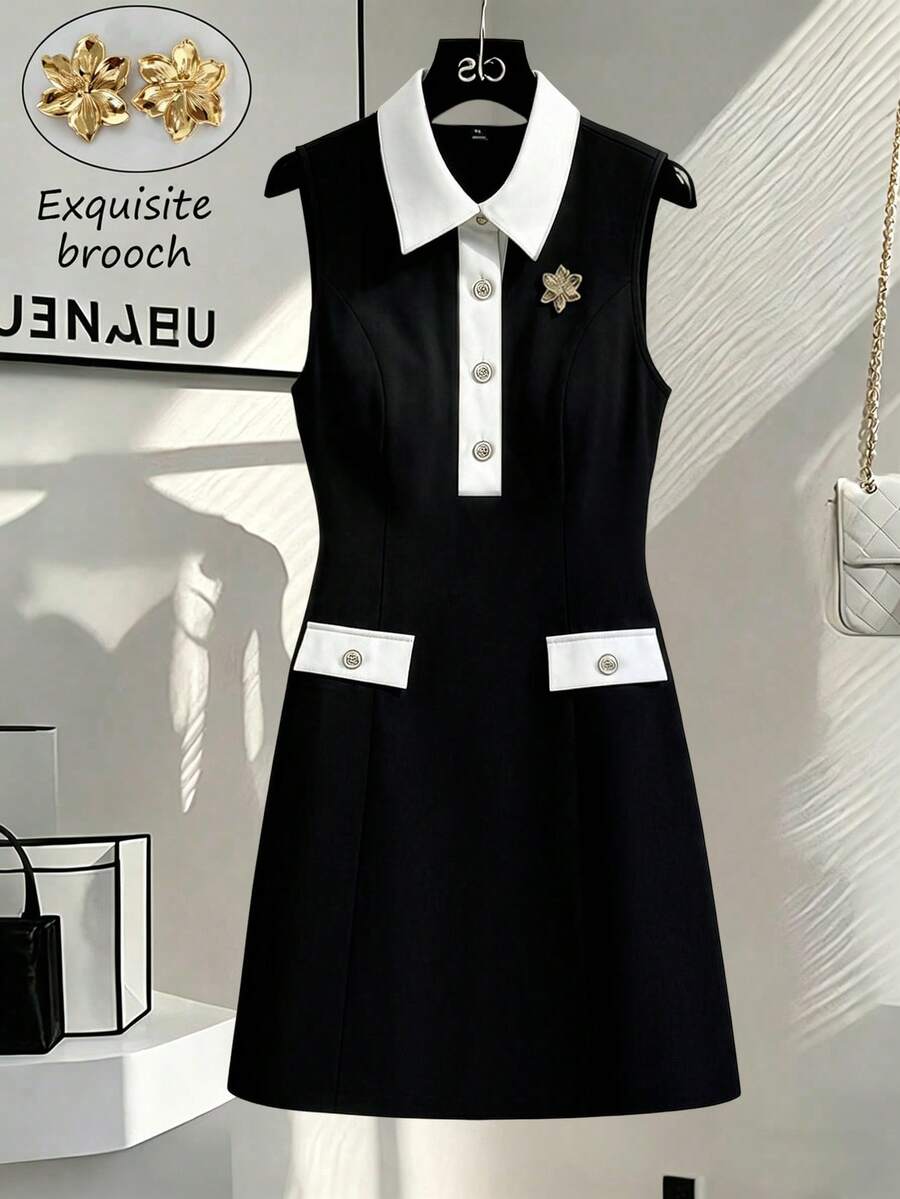 GlowEve CURVE Plus Size Women's Summer Solid Color Contrast Sleeveless Shirt Collar Half-Placket Pullover Faux Pocket Elegant Office Gym Casual Short Dress Brown - Black and White - View 1