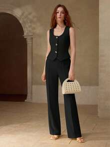 MOTF PREMIUM QUẦN VEST ỐNG THẲNG VẢI TWEED CÓ HỌA TIẾT, XUÂN/HÈ - màu đen - Xem 1