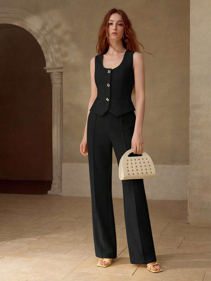 MOTF PREMIUM QUẦN VEST ỐNG THẲNG VẢI TWEED CÓ HỌA TIẾT, XUÂN/HÈ - màu đen - Xem 1