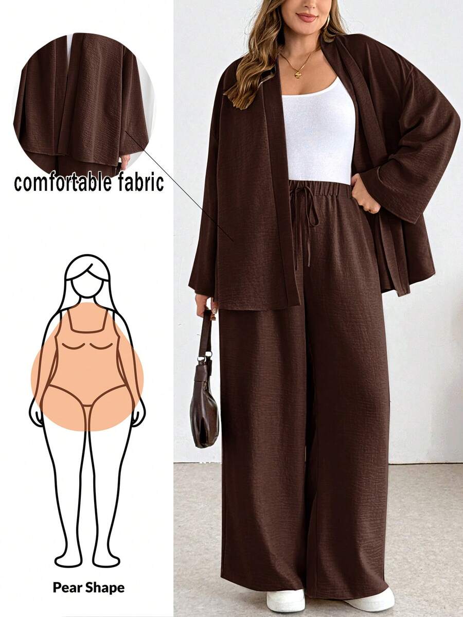 Shapeblank Plus-Size Women's Brown Autumn Smart Casual Everyday Long-Sleeved Cardigan & Elastic Waist Wide-Leg Pant Set,Loose Comfortable Two Pieces Work Outfits - Brown - View 1