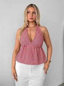 Auralis Große Größen Rot & Weiß kariertes Trägertop/Bluse für Damen, elegant für den Arbeitsweg, Büro, Cocktailparty, vielseitiger V-Ausschnitt Peplum Top/Persönlicher, moderner, eleganter Y2K-Stil für Bar, Musikfestival, rückenfreies Top mit Bindeträgern - Rot-Weiß - Übersicht 5