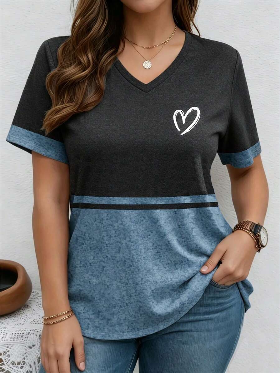 EMERY ROSE Contrast Color Patchwork Heart Pattern V-Neck Casual Smart Casual Plus Size T-Shirt Holiday Dark Green Summer - Multicolor - View 1
