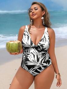 Swim Vcay Baju Renang One-Piece Ukuran Besar dengan Motif Daun Acak, Leher V, Tali Bahu yang Dapat Diatur, Desain Elegan & Seksi untuk Pantai & Liburan - Hitam dan Putih - View 5