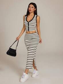 SHEIN PETITE VKing Colorblock Striped Casual Vacation Elegant Street Style Women's 2-Piece Set, Includes Front Button Vest And Side Slit Bodycon Skirt, Spring/Summer - Black - View 5
