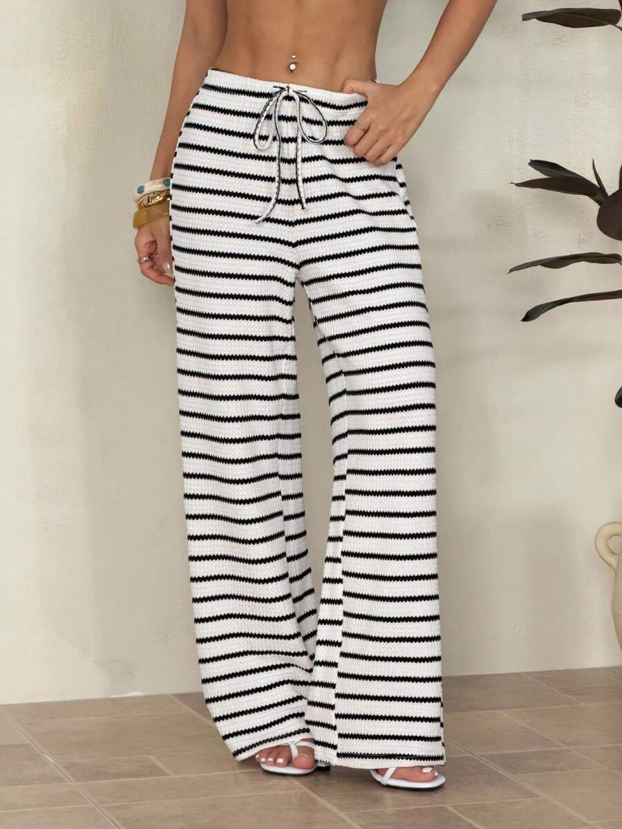 SHEIN PETITE 女士前系带条纹简约休闲裤,日常穿着 - 黑色 - 查看 1