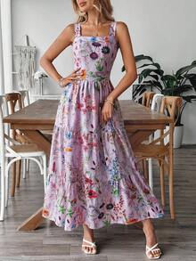 EMERY ROSE Women's Floral Print Waist-Cinched Dress With Bow Tie Back Design, Elegant For Vacation, Commute And Daily Wear - Purple - View 5