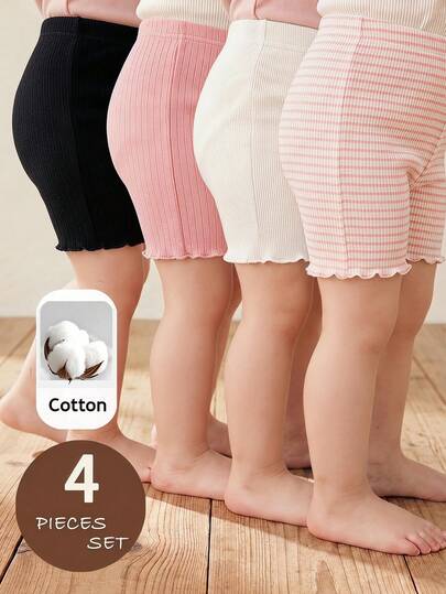 LMoss Kids Bộ 4 quần short cho bé gái, gồm quần short kẻ sọc và quần short trơn màu.