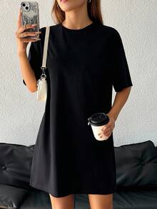 SHEIN EZwear 大码女式纯色圆领休闲派对外出连衣裙 - 彩色 - 查看 1