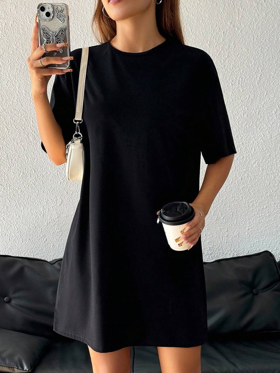 SHEIN EZwear 大码女式纯色圆领休闲派对外出连衣裙 - 彩色 - 查看 1
