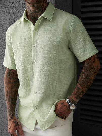 Manfinity CasualCool Camisa de manga corta de punto de bambú verde salvia para hombre, diseño de cuello vuelto suelto y casual, primavera/verano