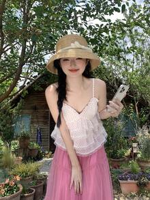 DAZY 女士波点吊带休闲荷叶边下摆度假背心 - 白色 - 查看 7