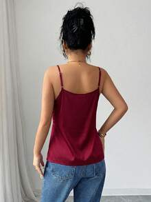 SHEIN Tall 女款優雅蕾絲羅紋高領細肩帶背心，適合高個女性 - 酒紅色 - 查看 2