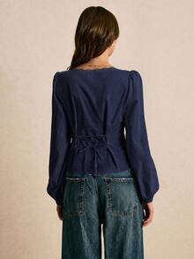Poéselle Women's Elegant Solid Color Contrast Lace Twist Collar Lantern Sleeve Blouse - Navy Blue - View 8