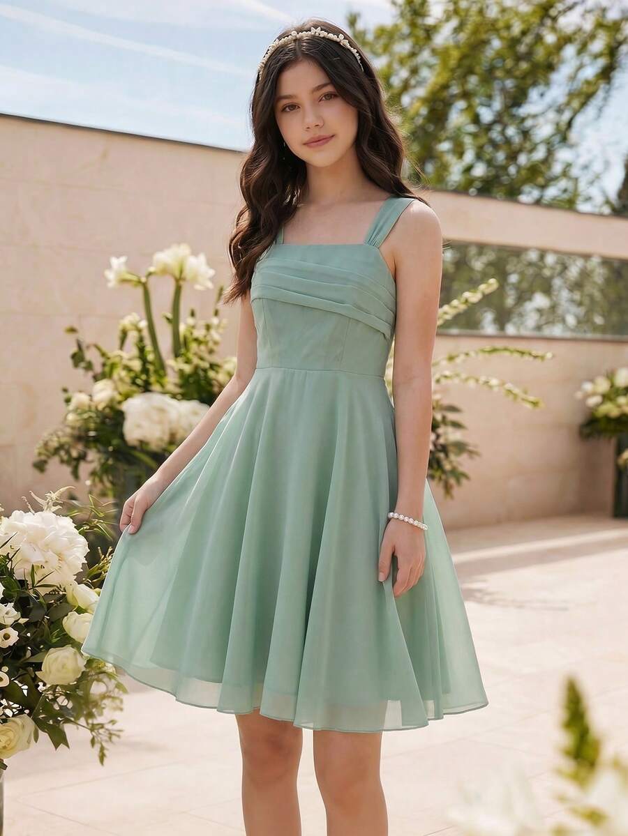 SHEIN Girls' Elegant Chiffon Solid Color Dress With Pleated Bust Design, Suitable For Daily Wear And Gatherings, Green, Spring/Summer