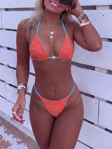 Bonvoyette Bộ bikini hai mảnh gợi cảm in họa tiết phối màu thời trang nữ 2026, trang trí vỏ sò kim loại, cổ yếm và lưng hở, thích hợp cho kỳ nghỉ biển và tiệc đêm trên bãi biển. - Nhiều màu - Xem 3