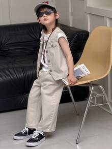 Dazy Kids Bộ vest denim cho bé trai (size nhỏ) gồm áo gile cổ tròn và quần jean ống đứng. - Màu be - Xem 6