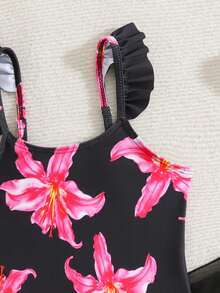 SHEIN 女童碎花荷叶边连体泳衣，带罩衫和裙子 - 黑色 - 查看 5
