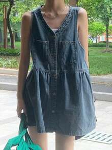 DAZY 女士V领单排扣休闲口袋吊带牛仔连衣裙夏季防晒连衣裙 - 藍色 - 查看 3