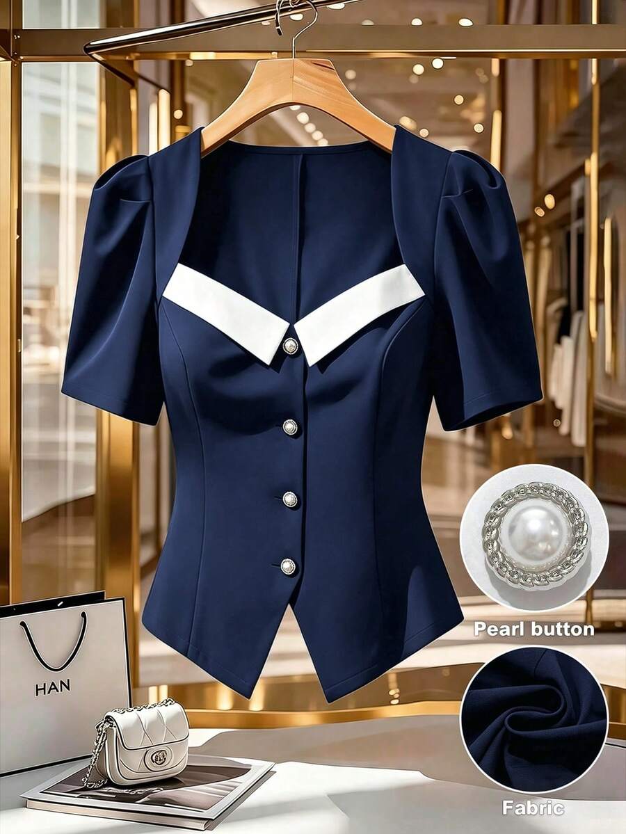 GlowEve CURVE Plus Size Women's Elegant Color Block Square Collar Puff Sleeve Pearl Button Front Split Hem Fitted A-Line Short Shirt, Suitable For Spring/Summer Casual, Commute, Vacation - Navy Blue - View 1
