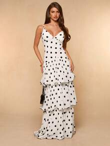 SHEIN BAE Spring Summer Solid White With Black Polka Dots Fitted Multilayer Ruffle Hem Women's Elegant Long Slip Dress, Ruffle Hem Dress Vacation - Black and White - View 3