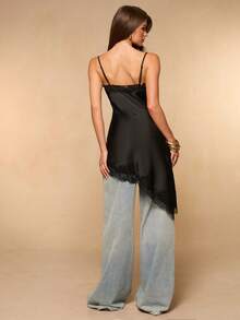 SHEIN BAE Elegant Sexy Black Lace Trim Backless Camisole Top, Satin Splice Sleeveless Blouse Summer Night Out Club Date Night, Party, Cocktail Formal Women's - Black - View 2