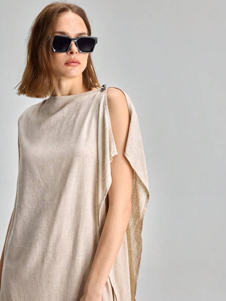 Women's Linen Blend Short Dress,Beige,Summer,Effortless Chic,Holiday,Vacation,Holiday,Loose Fit Minimalist Elegant Flounce Asymmetric Design Vacation