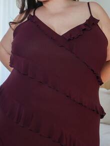 Pretty and Ole Plus Size Women's Summer Elegant Resort Date Floral Printed Stretch Mesh Halter Neck Maxi Dress, Suitable For Concerts, Graduation Commute Plus Size Dresses Burgundy Plus Size Ruffle Dress/Evening Dress/Fall/Winter Clothes/Fall Wedding Guest Dress/Classy Elegant Dress  /Formal Dress  /Y2k Dress/Party Dress /Birthday Dress /Going Out Dress  /Plus Size Dress/Curve Dress/Red Dress,Valentine's Day,Valentine Outfits For Women - Brown - View 4