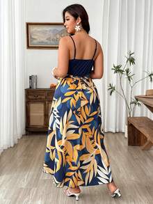 Weeklong Summer New Arrival Women's Tropical Print Spaghetti Strap A-Line Dress, Fashionable Vacation Style - Navy Blue - View 2
