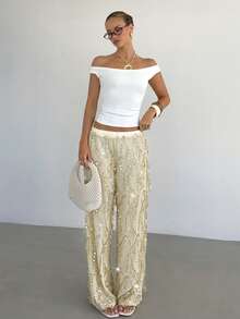 Siren Gaze Quần ống rộng cạp cao đính sequin mùa hè sành điệu dành cho nữ, quần dự tiệc cưới thanh lịch với họa tiết tua rua lấp lánh, quần dài suông sang trọng cho buổi tối đi chơi câu lạc bộ, quần ống rộng lấp lánh thời trang đi biển. - Màu be - Xem 7
