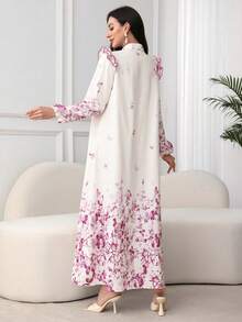 SHEIN Najma 褶皱花卉图案优雅连衣裙配头巾 - 粉色 - 查看 3