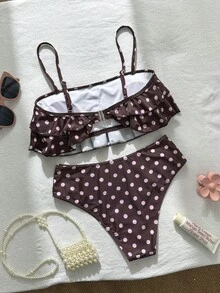 Swim Mod 女士随机印花细肩带荷叶边高衩比基尼套装，春夏款 - 彩色 - 查看 2