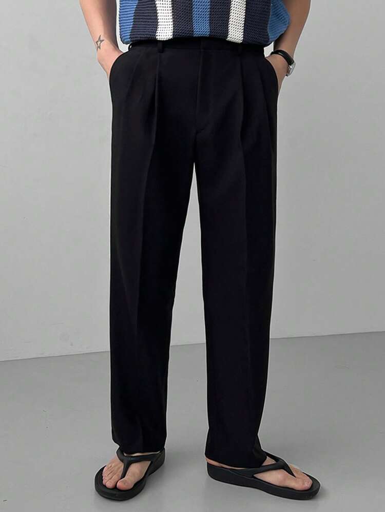 Black Straight Solid Color Commuter Pants For Men