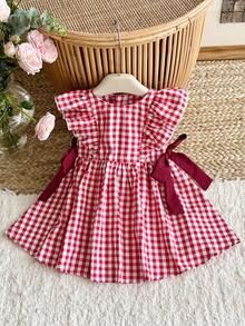 SHEIN LMoss Kids 女婴红色格子拉链圆领荷叶边下摆休闲撞色蝴蝶结百搭连衣裙 - 紅色 - 查看 5