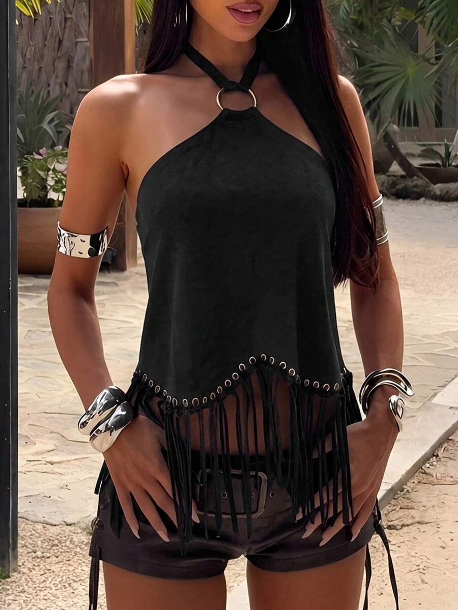 Opulessa Women's Solid Color Fringe Halter Top, Spring/Summer,Summer Top - Black - View 1